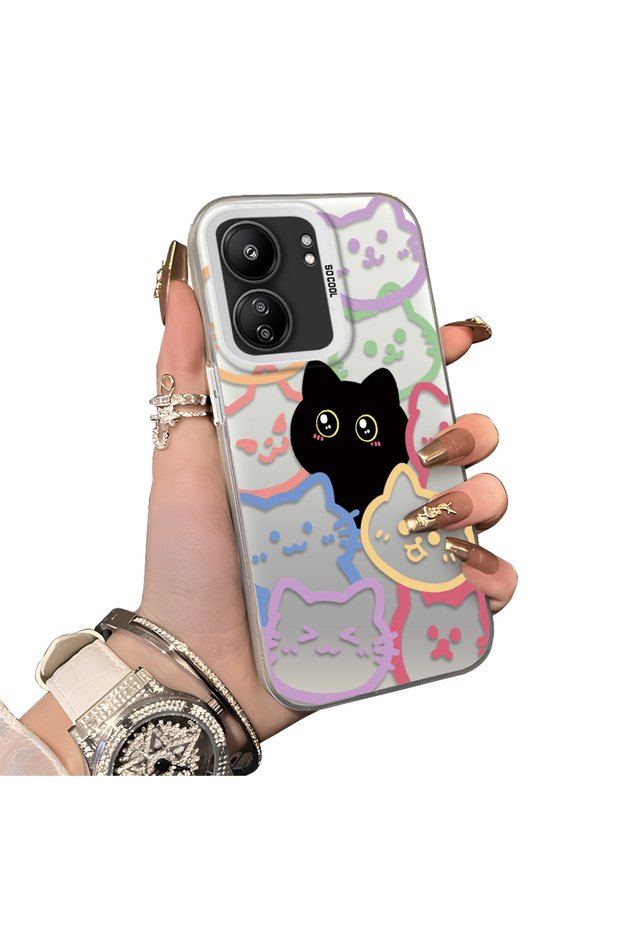 Poco C65 Compatible Colorful Line Cat Figure Phone Case Shock Absorbing Protective Case