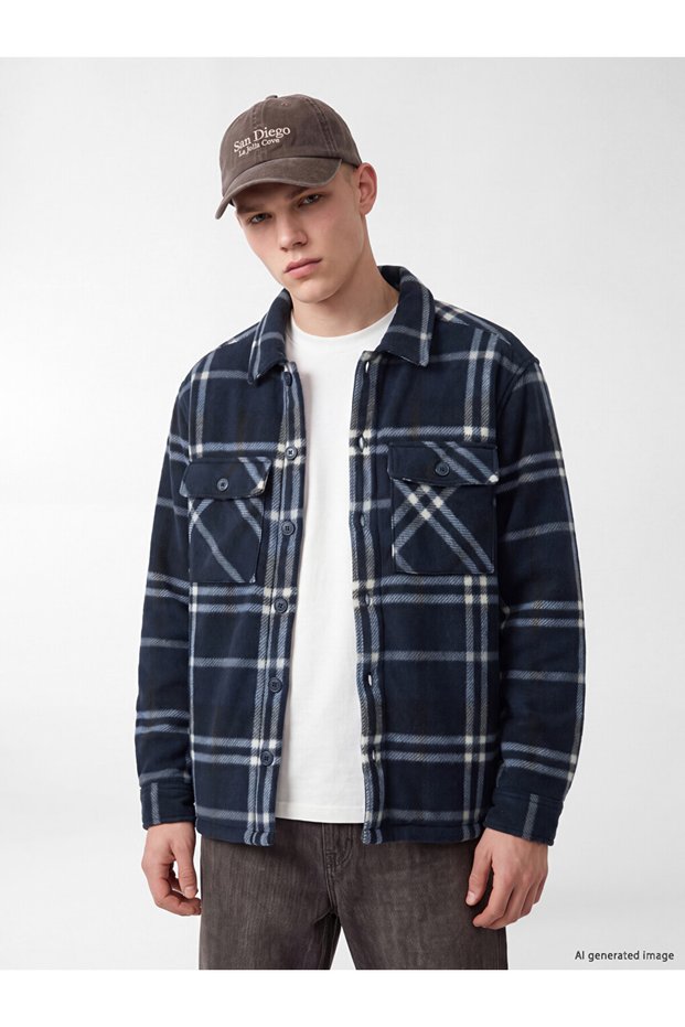 Navy Blue Regular Fit Plaid Men's Shirt Jacket