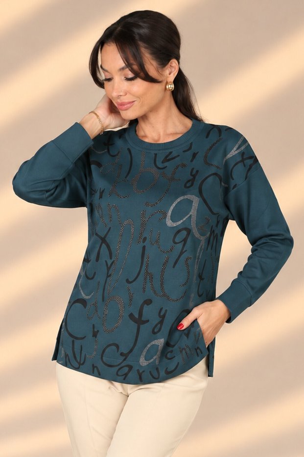 Women's Letter Patterned Long Sleeve Knitwear Blouse