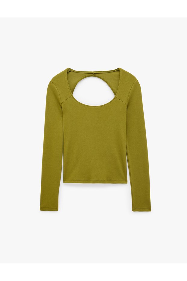 Slim Fit Cotton Heart Collar Long Sleeve T-Shirt with Window Detail on the Back
