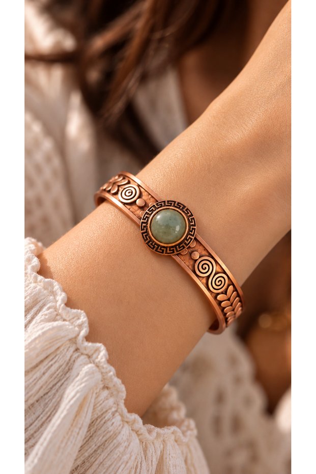 Adjustable Vintage Women's Copper Bracelet with Jade Natural Stone