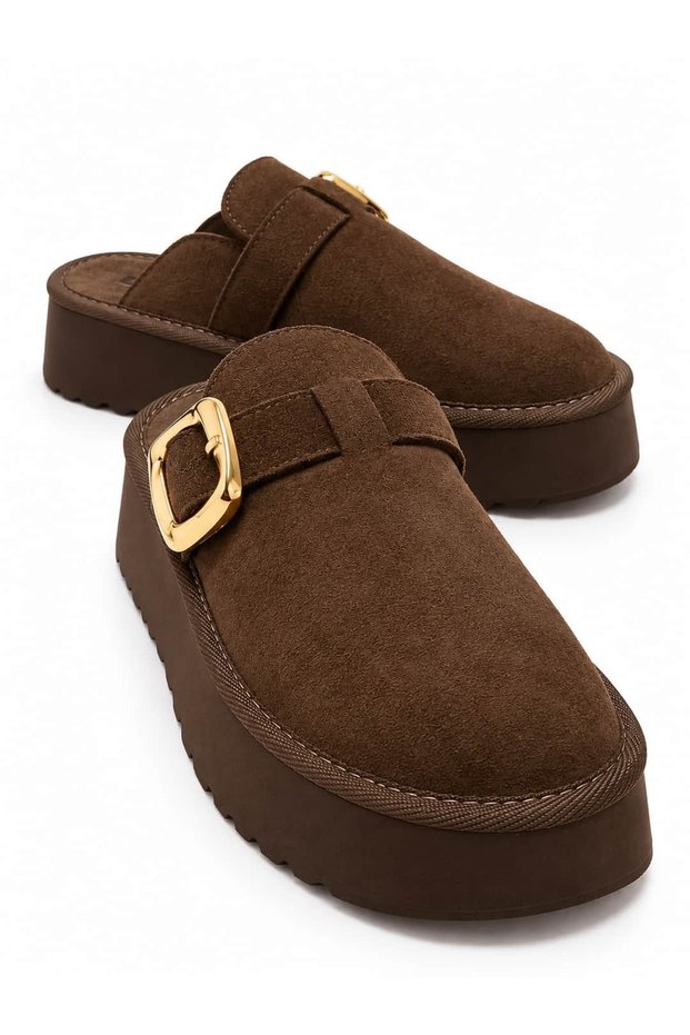 Women's Brown Suede Buckle-Strap Wedge Sole Slippers 4 cm High Sole Daily Comfortable and Stylish Slippers