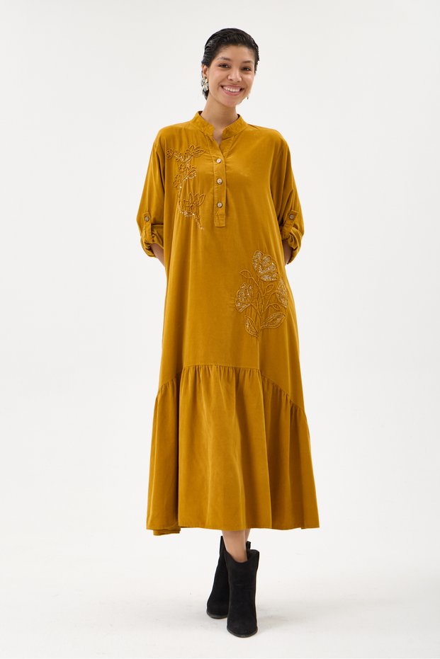 Mustard Italian 100% Cotton Velvet Half-Button Floral Embroidered Long Velvet Dress 38 -44 Size