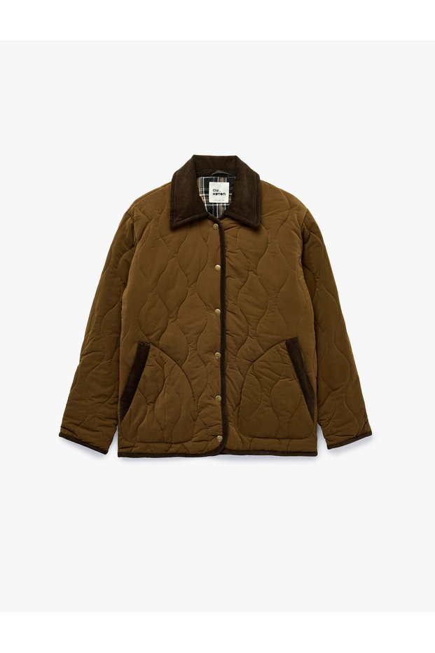 Long Sleeve Classic Contrast Collar Quilted Jacket with Snap Button Pockets