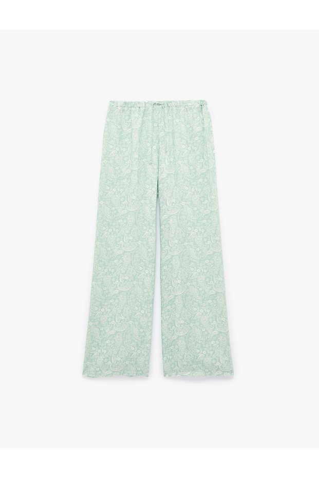 Relaxed Fit Floral Patterned Viscose Pajama Bottoms with Tie Waist