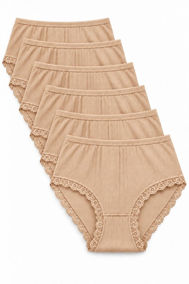 Women's 6-Pack Ten Bato Panties, High Waist Ribbed Lace Detailed Cotton Bato Panties