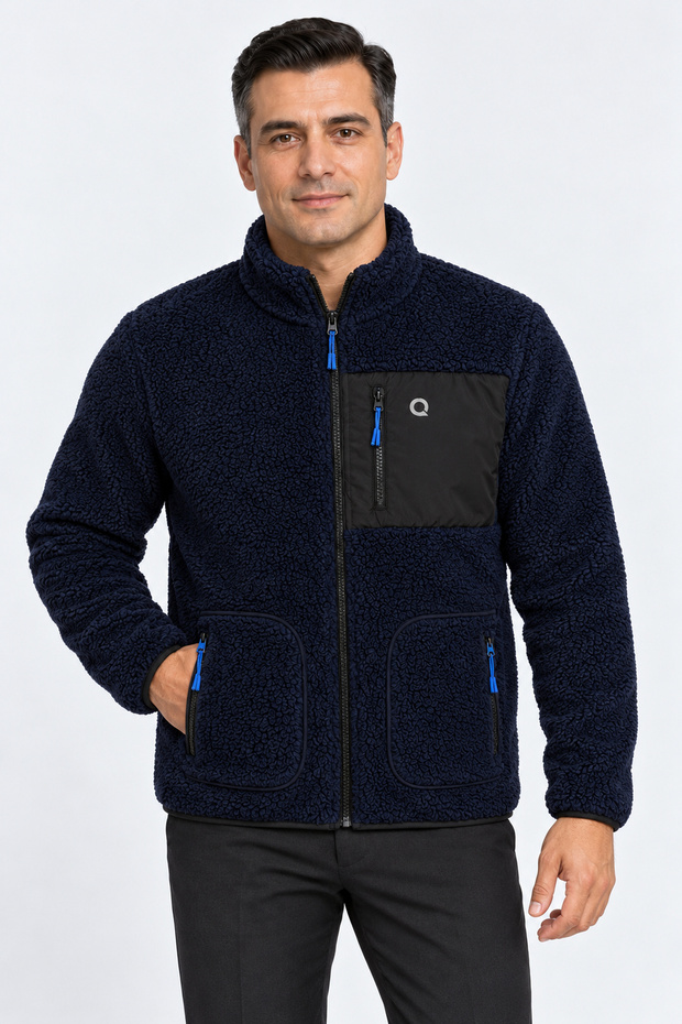 Men's Oversize Welsoft Fabric Fleece Zippered Navy Blue Jacket with Pockets