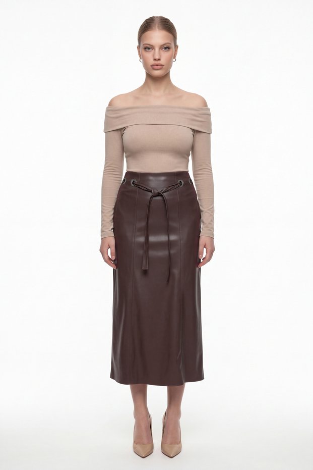 Women's Brown Seasonal High Waist Flexible Belted Stone Detailed Midi Length Faux Leather Skirt