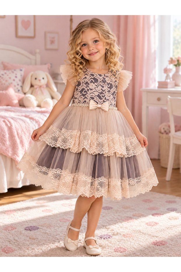 Lace Roba, Tulle Ruffle Sleeves, Detachable Bow Brooch, Crown Accessory Girls' Evening Dress
