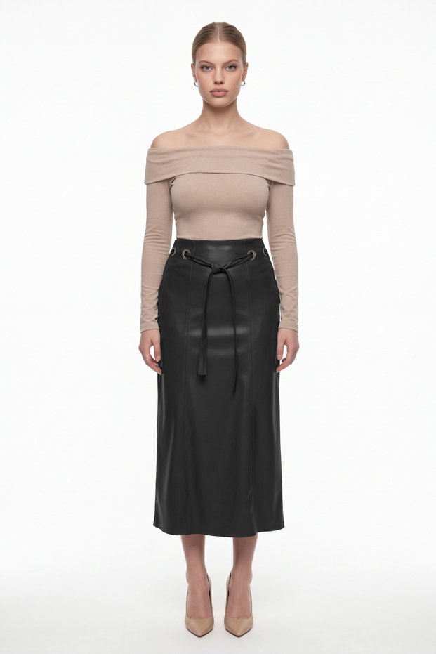 Women's Black Seasonal High Waist Flexible Belted Stone Detailed Midi Length Faux Leather Skirt