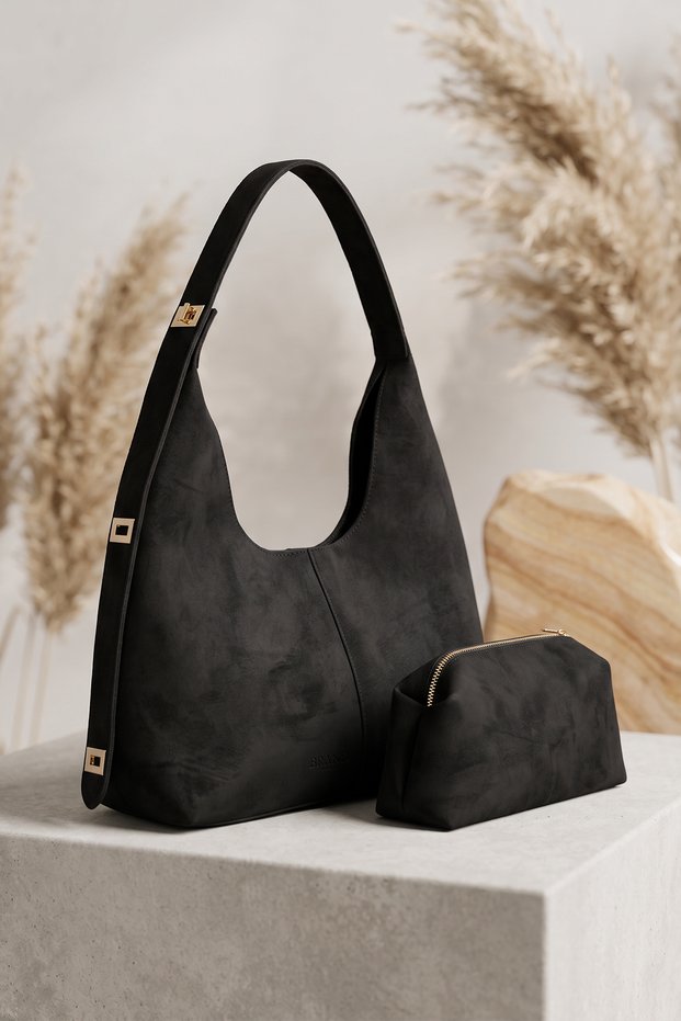 Luna Luxury Suede Hobo Women's Shoulder Bag Slouchy Bag with Independent Makeup Bag