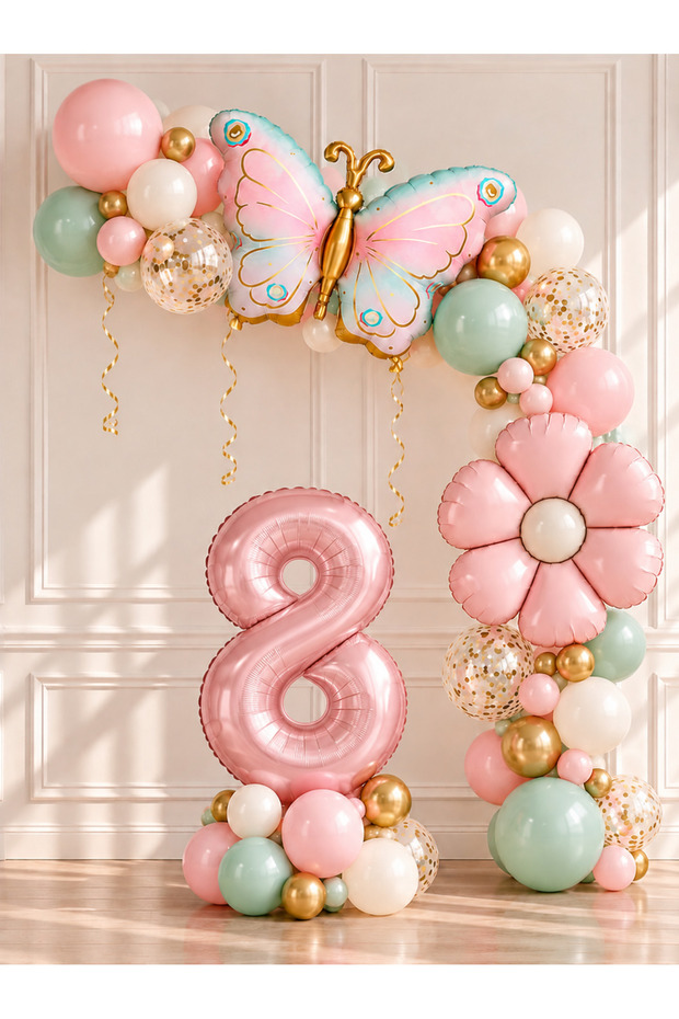 Party 8 Year Old Butterfly and Daisy Themed Birthday Balloon Set, 35 Piece Party Decoration Set with Pink Number Foil Balloons
