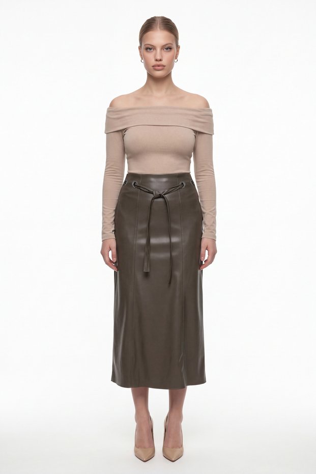 Women's Khaki Seasonal High Waist Flexible Belted Stone Detailed Midi Length Faux Leather Skirt