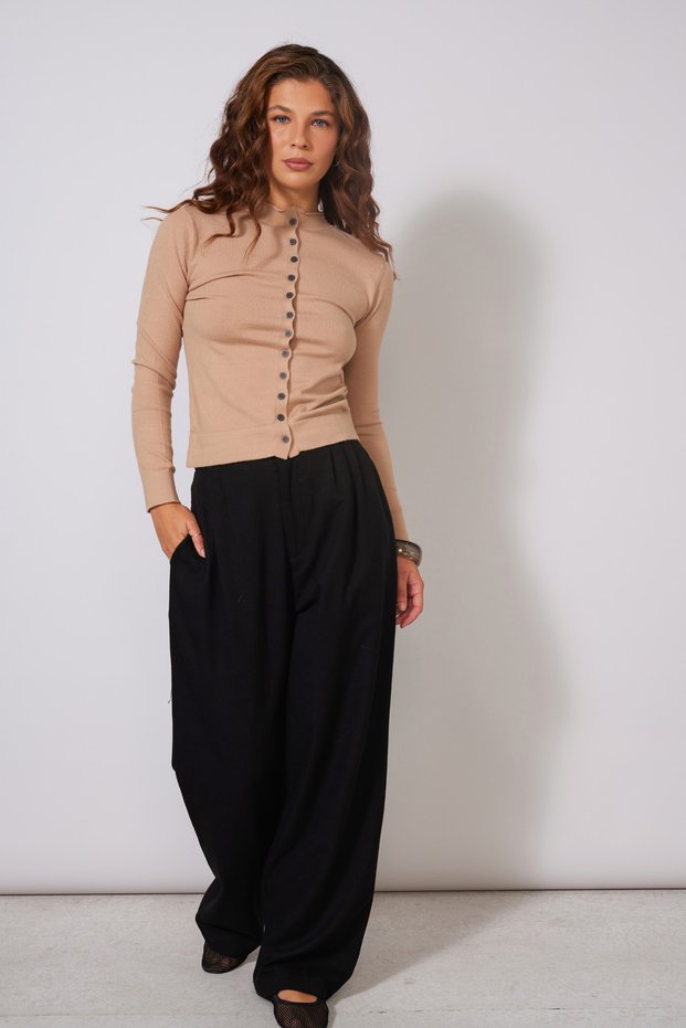Basic Button Detail Tricot Cardigan Camel