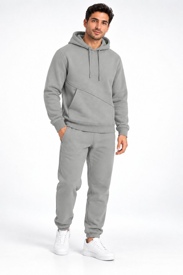 Men's Gray 3 Thread Hooded Sweatpants Set with Side Cut Pockets and Elastic Cuffs Winter Soft Fabric