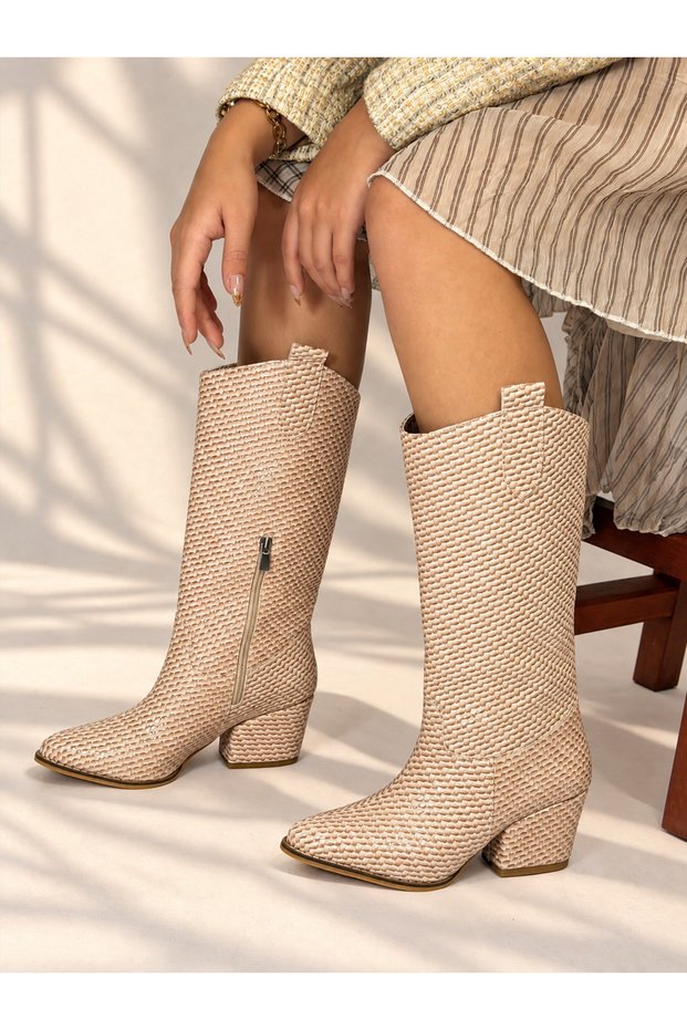 Limona Wicker Patterned Beige Patent Leather 6 cm Heel Women's Boots