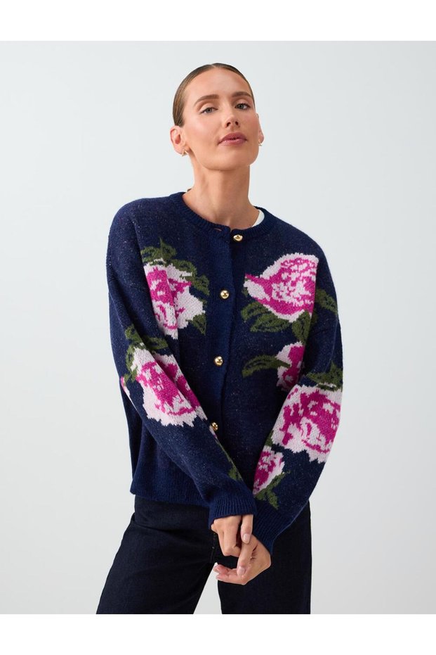 Navy Blue Floral Patterned Round Neck Knitwear Cardigan