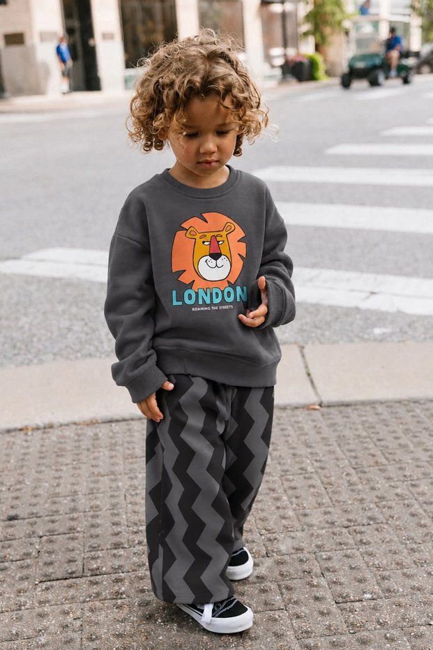 Boy's 3 Thread Cotton Anthracite Animal Print Top and Bottom Set