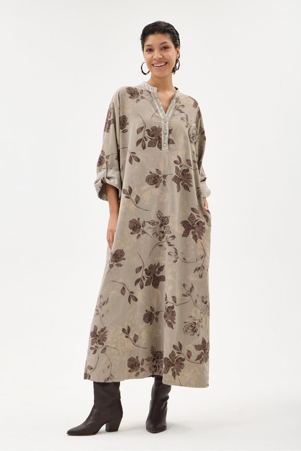 Mink Italian 100% Cotton Velvet Half-Button Floral Patterned Long Velvet Dress 60 - 46 Size