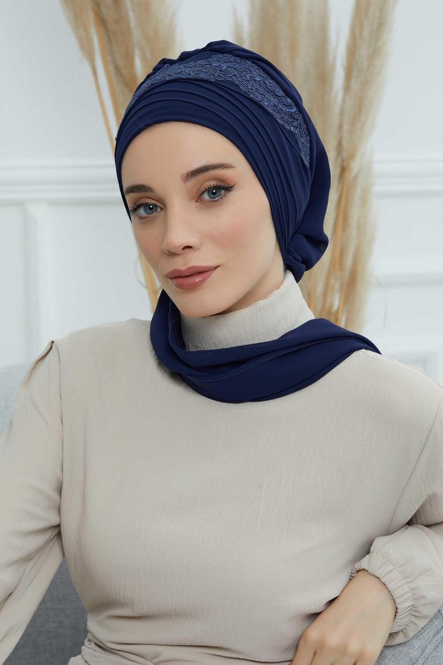 Chiffon Ready-To-Wear Turban with Lace Accessories and Scarf, Ht-53, Ht-53 Navy Blue