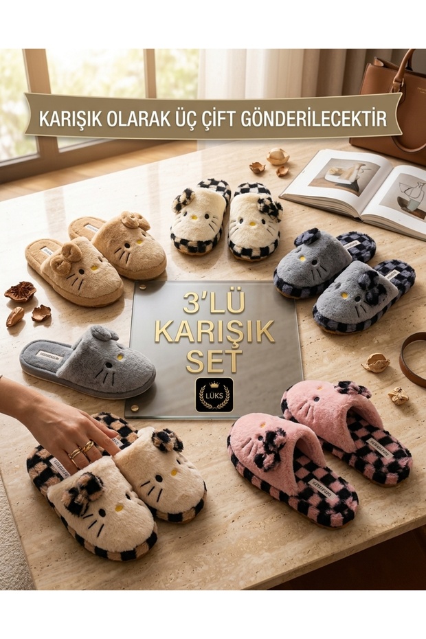3-Piece Mixed Set Women's Plush House Slippers with Figures and Plaid Pattern Multi-Pack