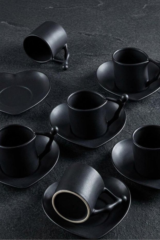 6-Person Heart Plate, Turkish Coffee Cup Design Handle 90 ml