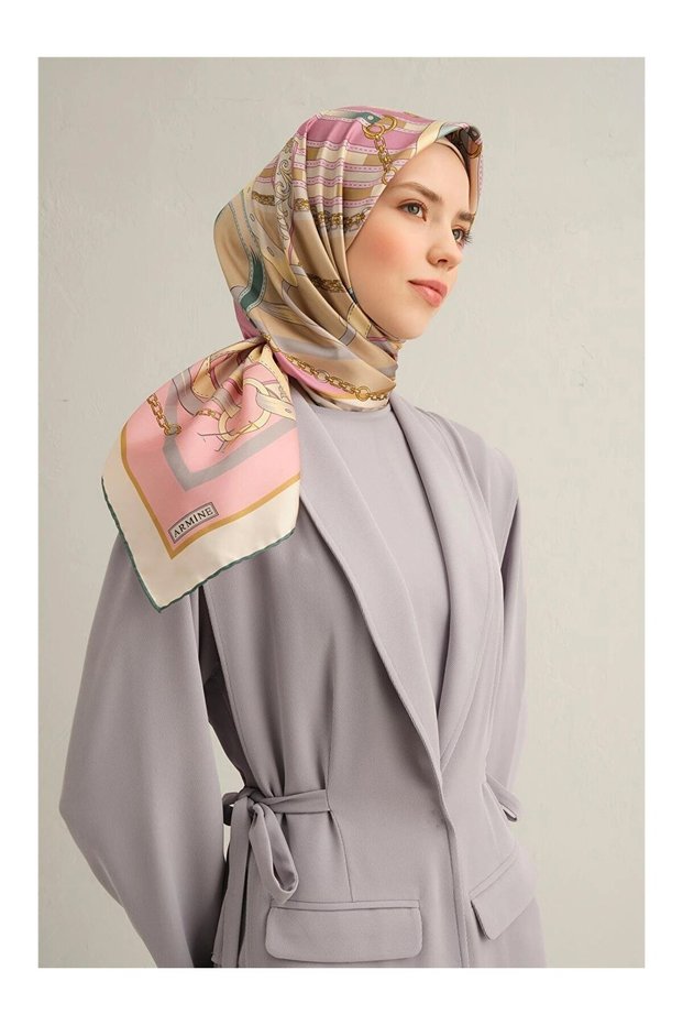 Nostalji Sura Pure Silk Scarf 9315 83 Pink Gray Belt Pattern
