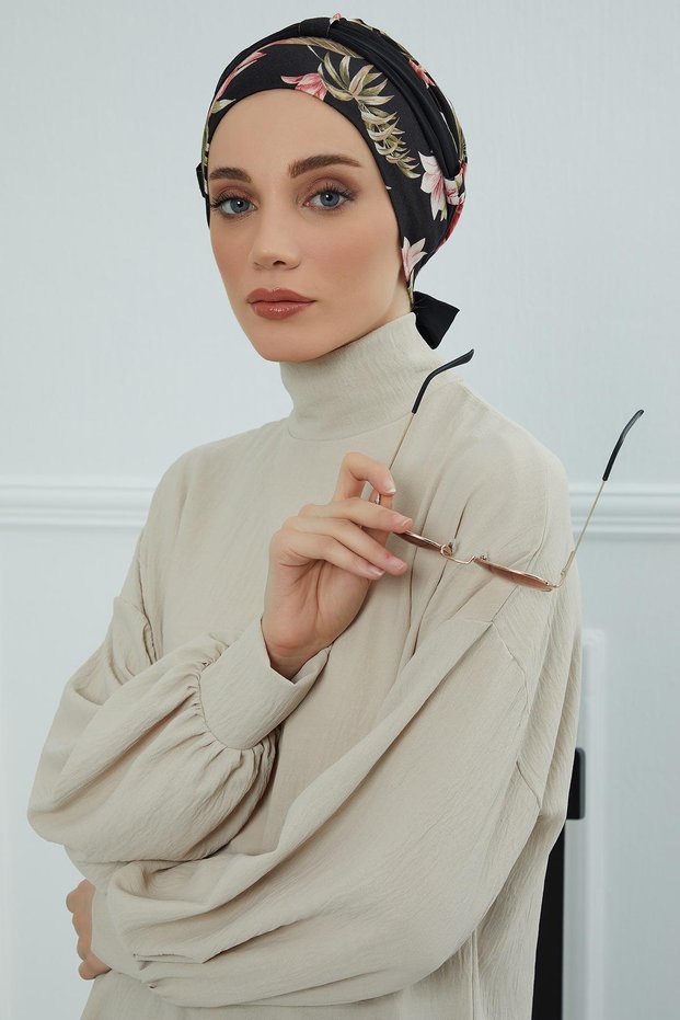 Chiffon Belted Patterned Combed Cotton Bonnet, B-24Yd Pattern 34 - Black