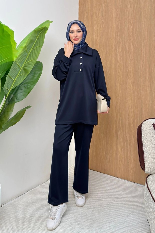 Soho Elegance Collar Detailed Women's Hijab Top and Bottom Set