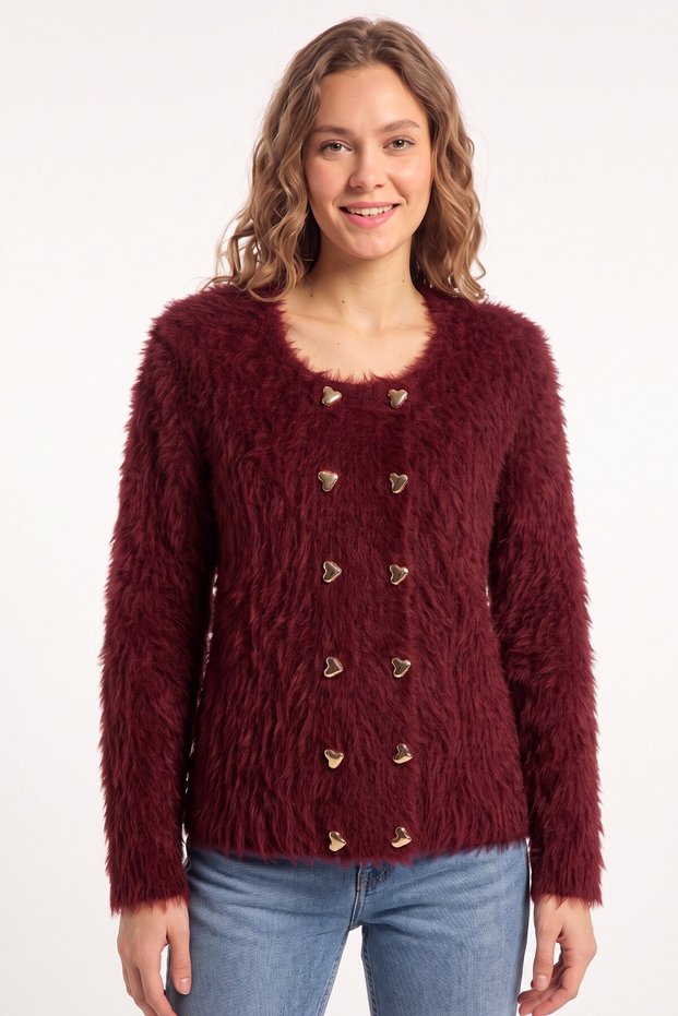 Women's Burgundy Gold Heart Buttoned Soft Fuzzy Cardigan