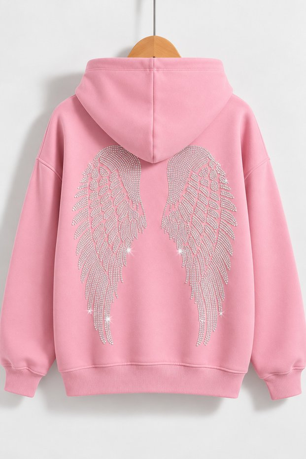 Women's Zippered Wing Stone Printed Hooded Oversize Winter Hoodie Jacket with Kangaroo Pocket