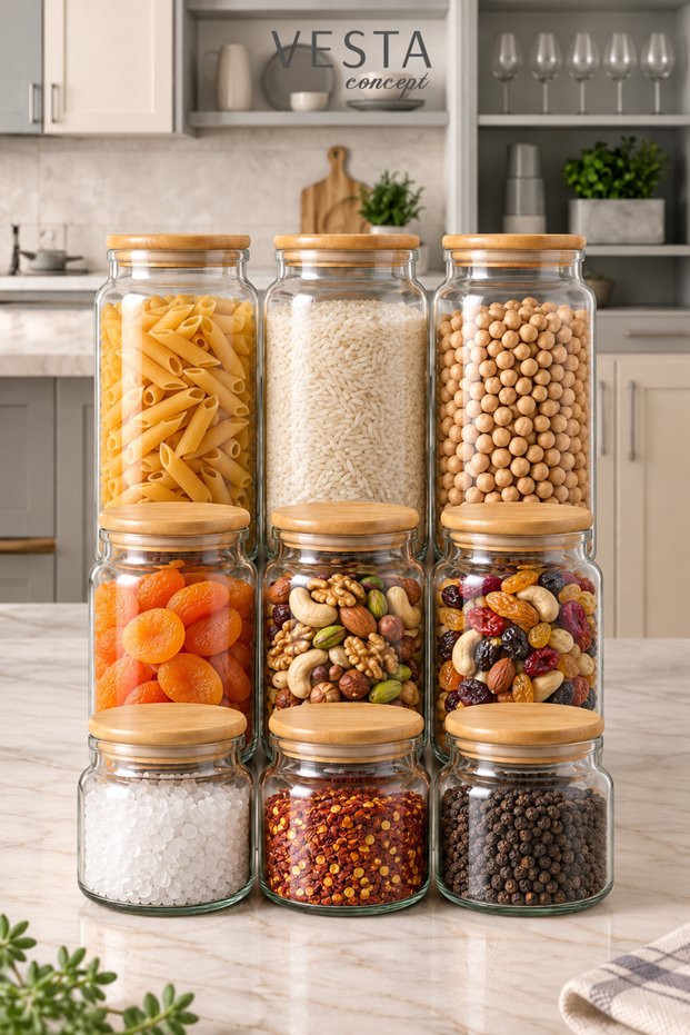 9-Piece Glass Jar Set with Airtight Bamboo Lids - 3 Different Sizes - Multi-Purpose Storage Jar