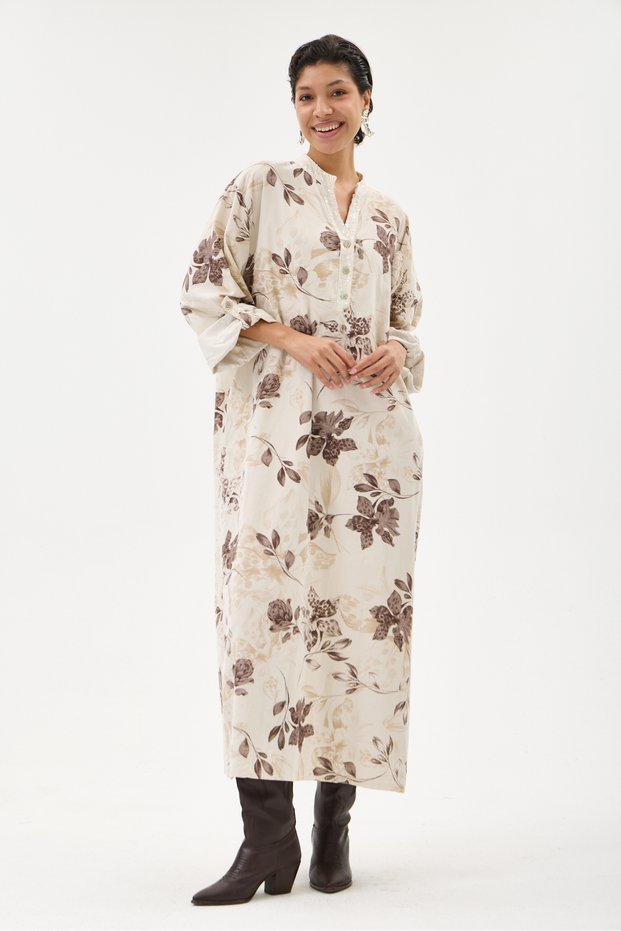 Beige Italian 100% Cotton Velvet Half-Button Floral Patterned Long Velvet Dress 60 - 46 Size