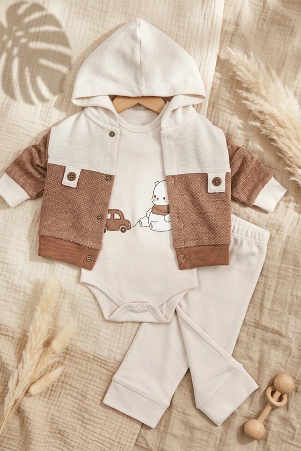 Amber Soft Cotton Hooded Jacket 3-Piece Baby Set - Earth Tones Special Series Printed Bodysuit and Pants