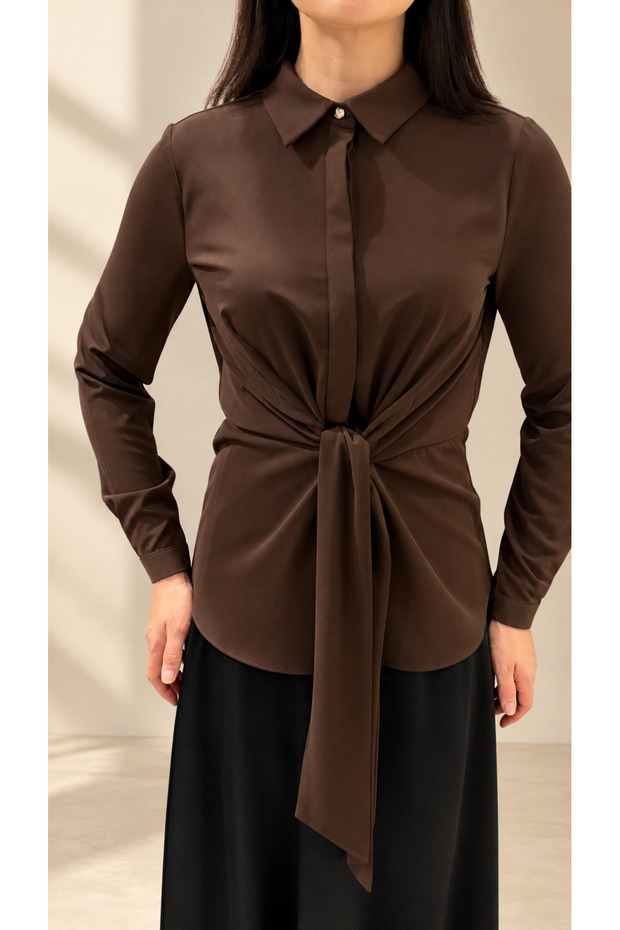 Women's Bitter Brown Front-Tie Blouse - Long Sleeve Shirt with Elastic Back and Self-Tie Belt