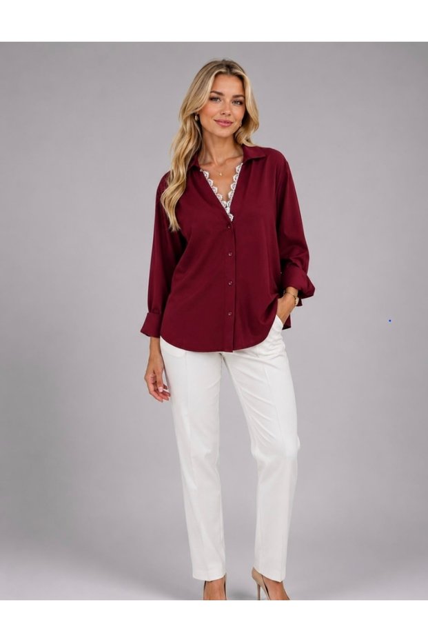 Shirt with Lace Detail at the Collar, Stylish Design
