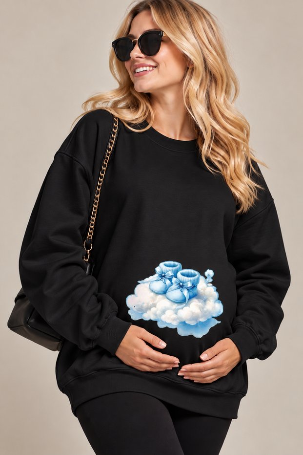 Maternity Oversize Sweatshirt with Baby Booties Printed on the Cloud – Crew Neck Casual Daily Sweatshirt