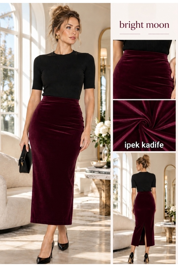 Women's Velvet Pencil Skirt with Slit Detail at the Back