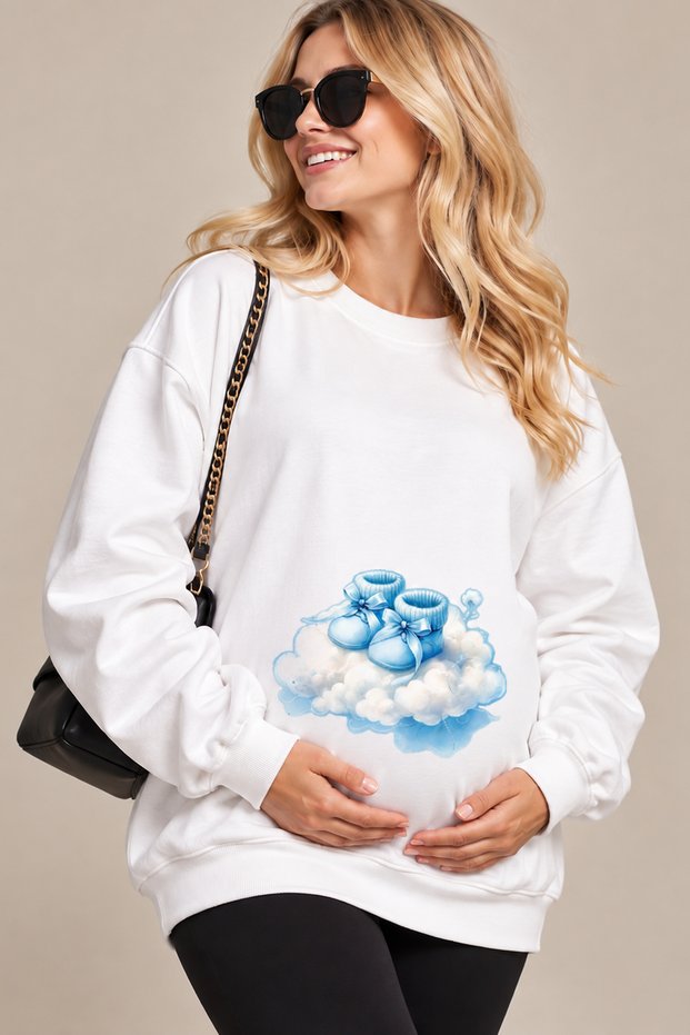 Maternity Oversize Sweatshirt with Baby Booties Printed on the Cloud – Crew Neck Casual Daily Sweatshirt