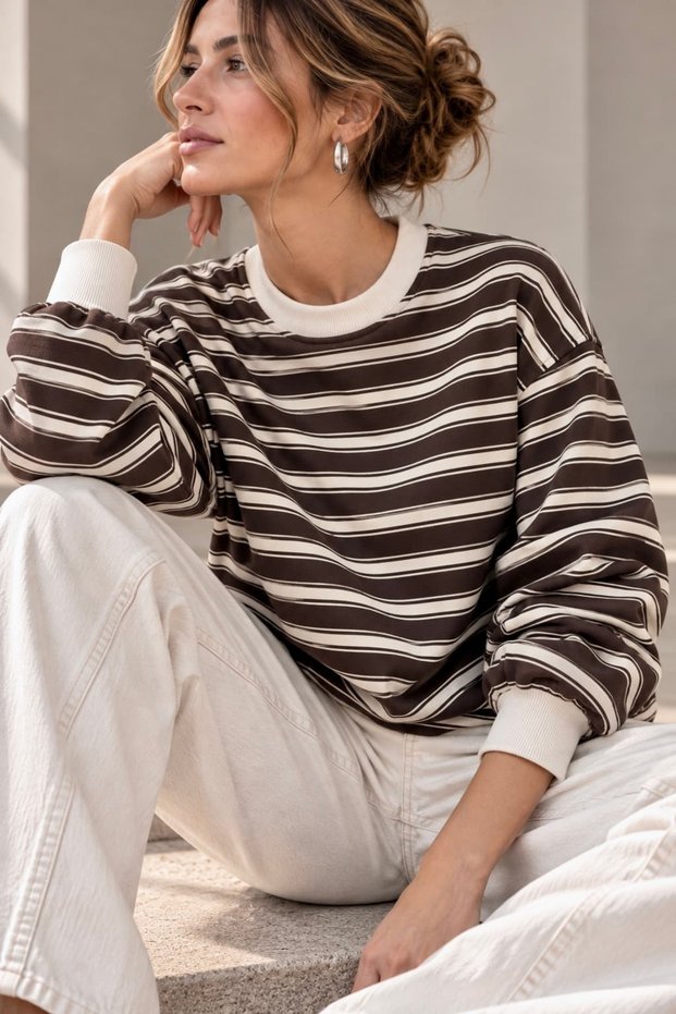Women's Striped Crew Neck 2 Thread Sweatshirt Comfortable Fit My3535