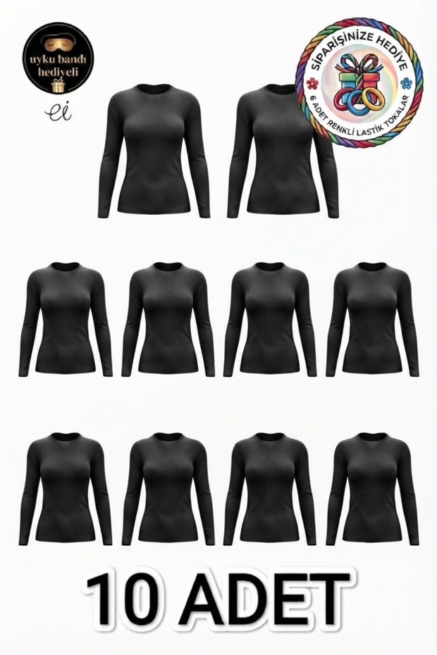Women's Black 10-Pack Cotton Lycra Long Sleeve Crew Neck Bodysuit - Custom Made Sleep Band and 6-Piece Buckle Gift Set