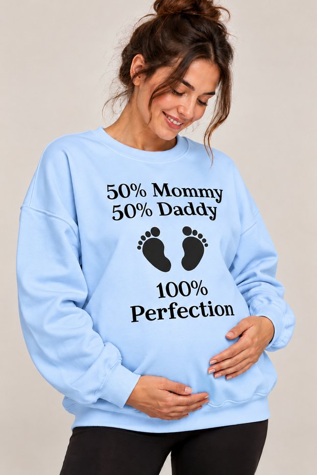 Mommy Daddy Perfection Written Baby Footprint Printed Maternity Oversize Sweatshirt – Crew Neck Loose Sweatshirt