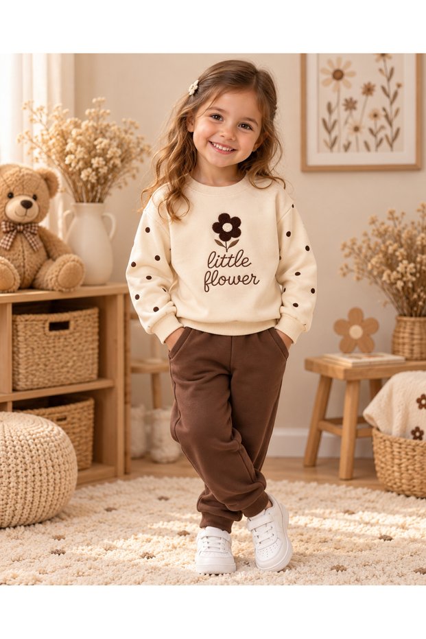Floral Embroidered Polka Dot Girls' 2-Piece Tracksuit Set