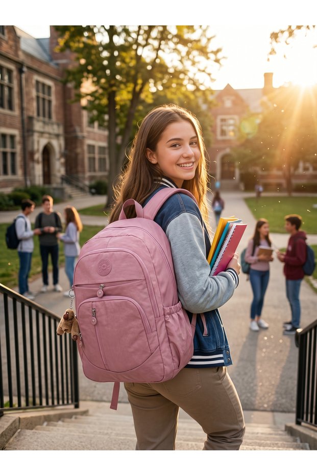 Daily Use 5-Compartment Solid Color Luxury Crinkle Fabric Backpack for Young Girls, Boys, High School and Middle School Students + Monkey Keychain Gift