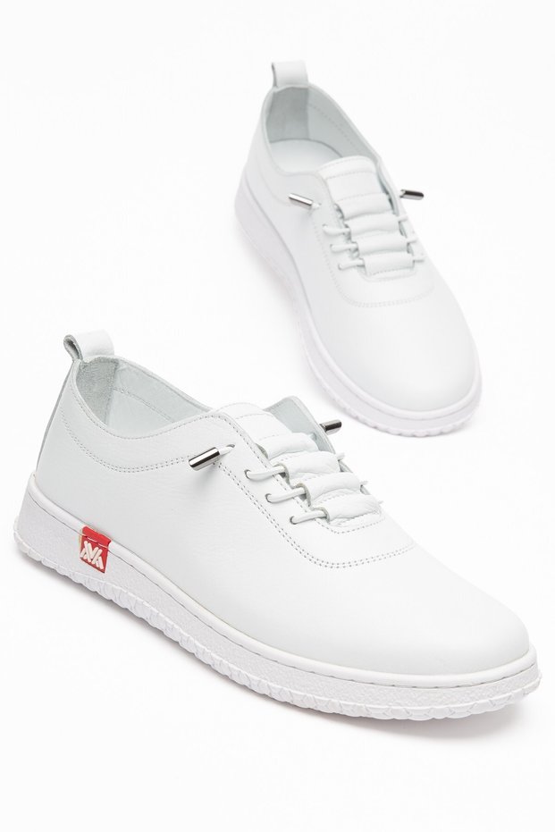 Genuine Leather Women's Casual Shoes White Elastic Laces Tremo Sole
