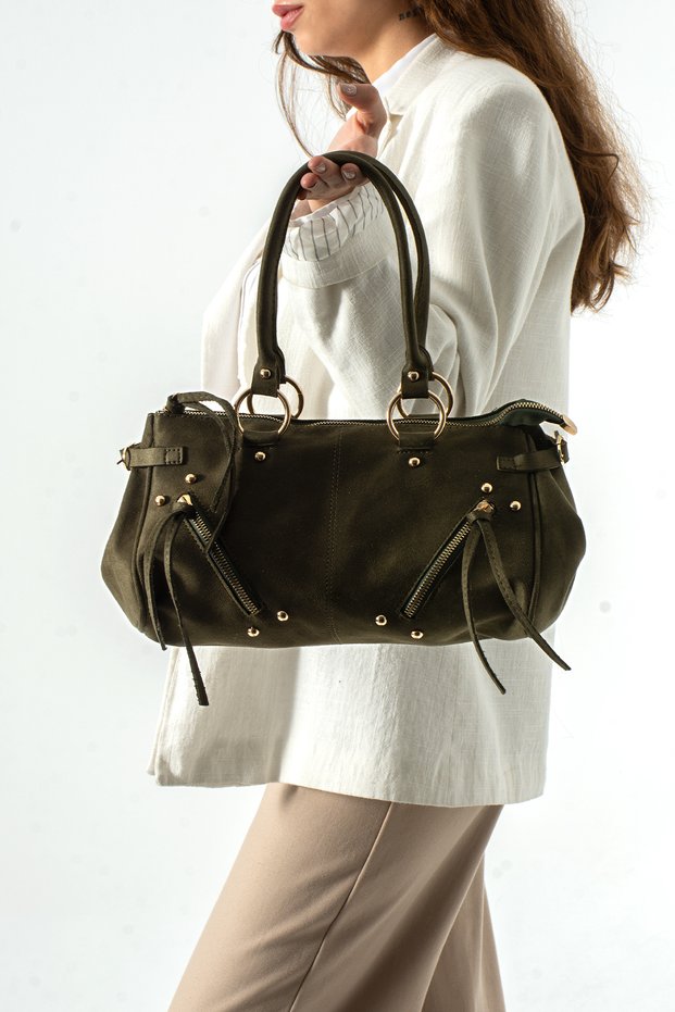 Lari̇d Model Women's Suede Khaki Green Hand and Shoulder Bag