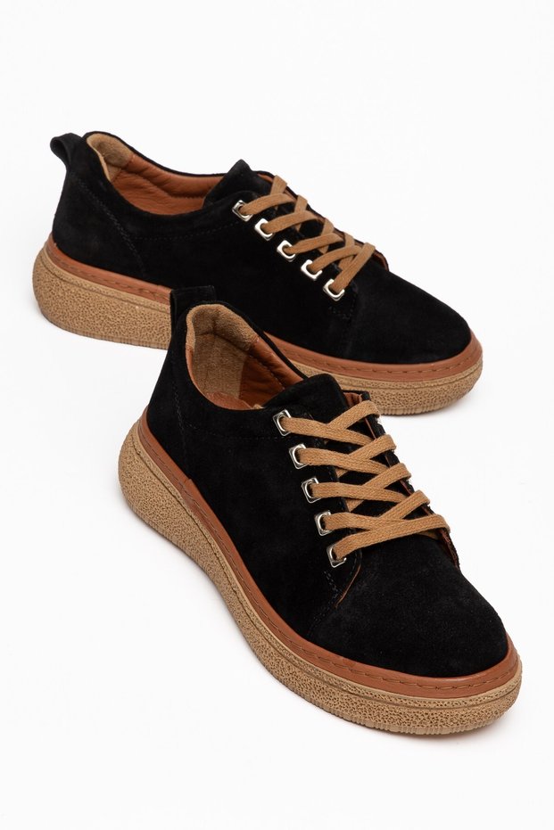 Genuine Leather Orthopedic Women's Casual Shoes Black Suede Ring Laces