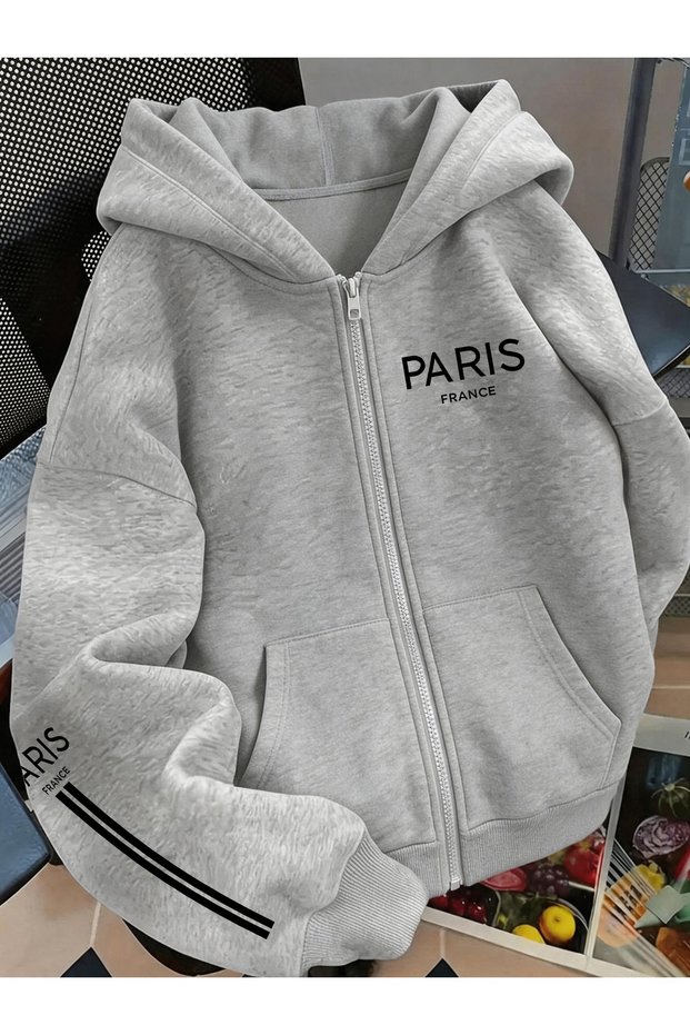 Unisex Gray Paris Printed Zippered Sweatshirt Printed Premium Oversize T-Shirt