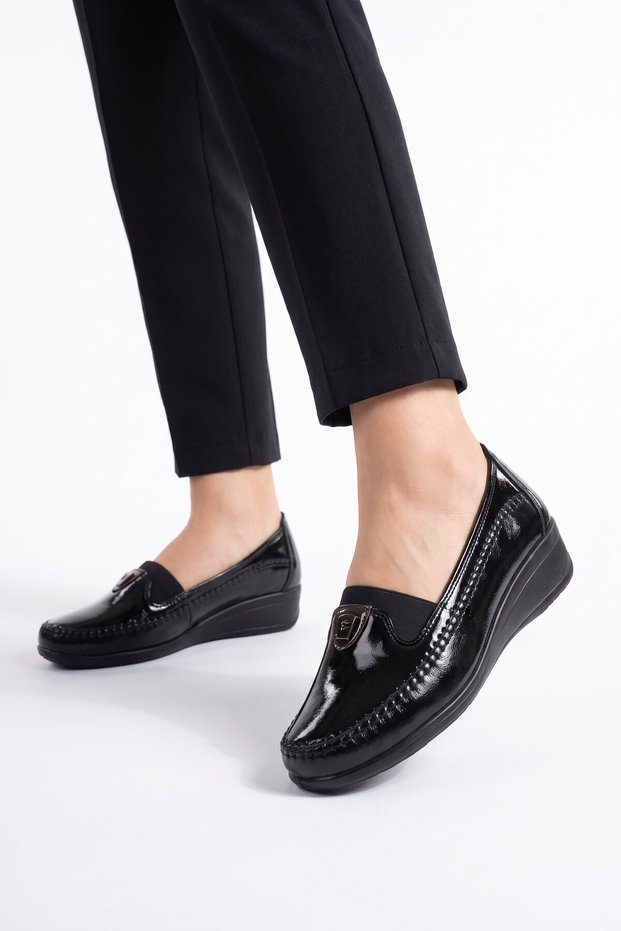 Wedge Heeled Side Elastic Stylish Comfortable Black Women's Classic Casual Shoes Pc-56171