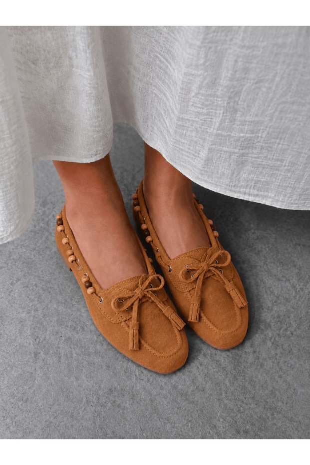 Lace-Up Suede Ballerinas with Bead Accessories - Aly - Tan